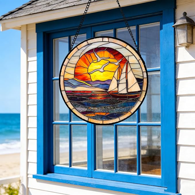 DASTOLL Stained Glass Window Hanging, Sun Ocean Sailboat Seagull Abstract Suncatcher Diamond Glass Panel Sun Catchers Decor for Birthday for Women, Men, Wife, Aunt, and Mom 14.9x14.9 in