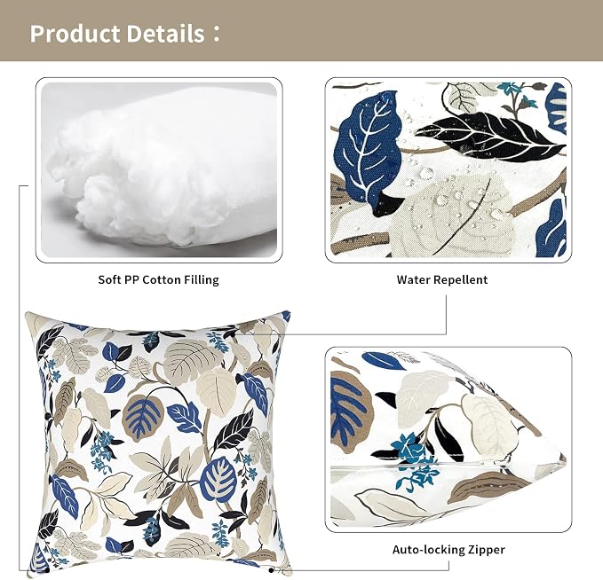 Outdoor Pillows for Patio Furniture 18x18 inch, Square Outdoor Throw Pillows with Inserts, Decorative Toss Pillows for Garden Couch Home Sofa Office Chair, Pack of 2, Breeze Leaves Beige