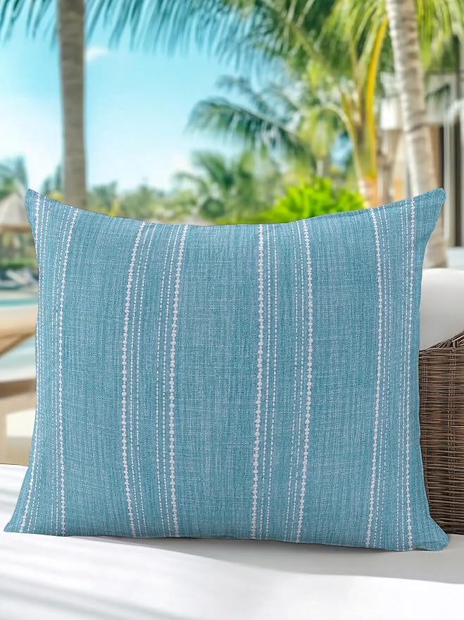 Waterproof Outdoor Pillow 1 Pack Blue Linen Stripes Decorative Throw Pillows Cover & Insert 18x18 Inch Pillowcase Parallel Vertical Lines Pillows for Couch Sofa Bed Patio Furniture Indoor Outdoor