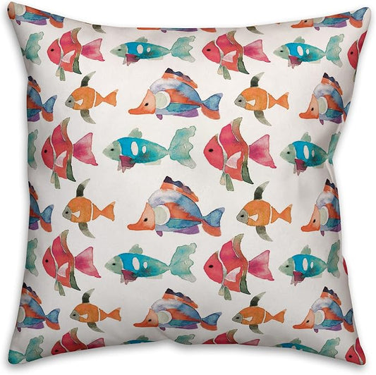 Watercolor School of Fish Indoor/Outdoor Pillow | Decorative Pillows for Living Room Couch Bed Sofa Patio, Fluffy Soft Cushion | Water Resistant Orange, 18x18