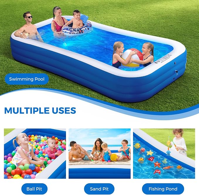 Inflatable Swimming Pool with Pool Lights, 130" x 72" x 22" Full-Sized Large Inflatable Family Pool, Summer Water Party, Outdoor, Garden Backyard, Suitable for Adults