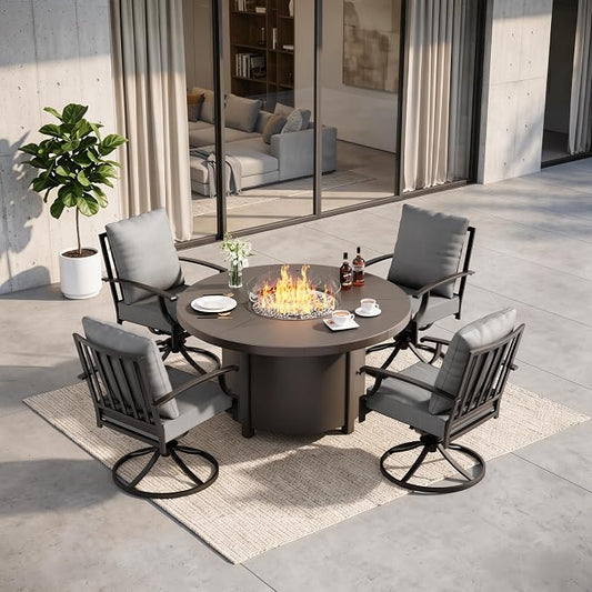 5 Pieces Outdoor Patio Furniture Set with 48" 55000 BTU Round Propane Fire Pit Table,Patio Dining Set Outdoor Conversation Sets 4 Swivel Chairs for Deck,Backyard and Garden,Grey