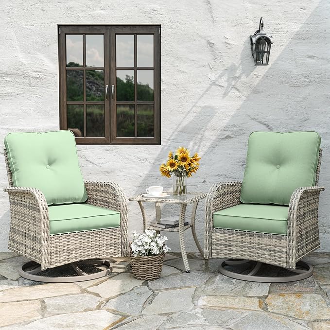 9-Piece Patio Rocking Swivel Chair Outdoor Wicker Rattan Bistro Set with Tempered Glass Side Table, Outdoor Patio Furniture Set for Garden, Deck, and Balcony, Light Green