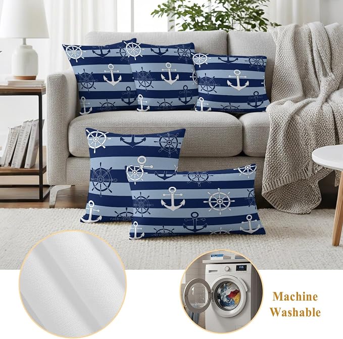 Nautical Ship Anchors Waterproof Outdoor Pillow Covers Set of 2 Home Decor, Navy Blue Horizontal Stripes Lumbar Pillowcase Patio Pillow Covers for Couch Bench Patio Furniture Garden 20x12in