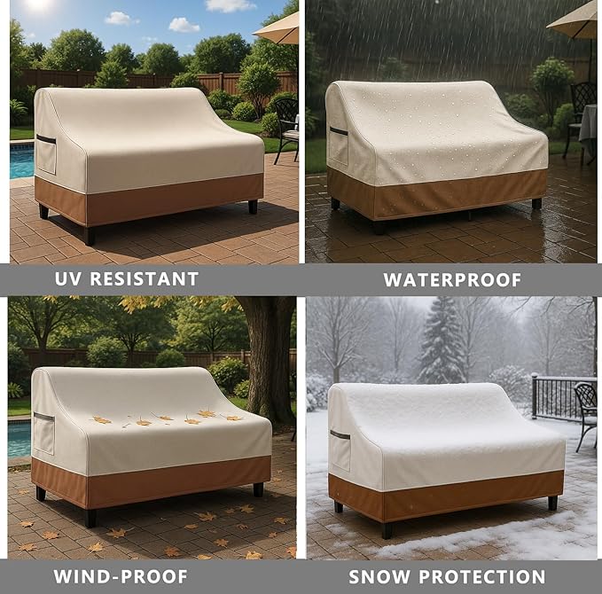 Waterproof Patio Loveseat Cover, 78.7W x 38.2D x 35H inches Heavy Duty 600D Weather-Resistant Outdoor Furniture Protector Beige and Brown