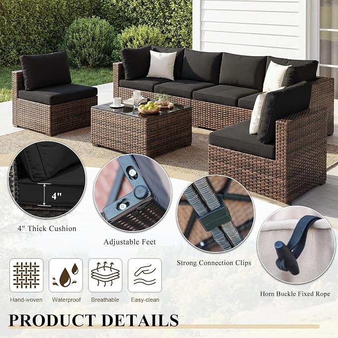 9 Piece Patio Furniture Set All Weather PE Rattan Outdoor Sectional Sofa Couch with No-Slip Cushions and Glass Top Table for Garden, Poolside, Backyard (Black)