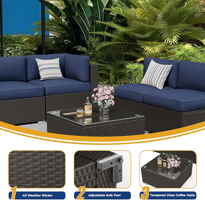 7 Pieces Outdoor Patio Furniture Set, Black Brown Wicker Patio Sectional Sofa Set, Outdoor Couch with Cushion and Tempered Glass Table, Dark Blue