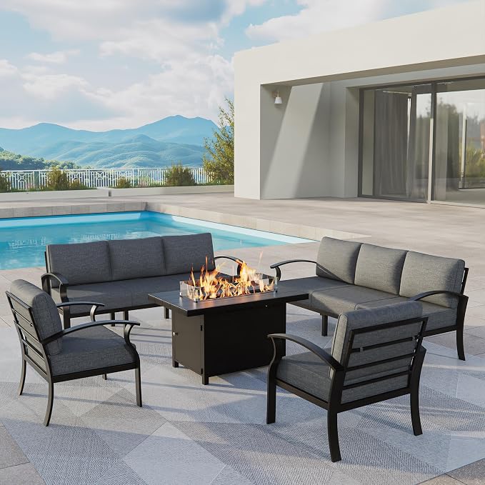 ALAULM Aluminum Patio Furniture Set with Propane Fire Pit Table 8-seat Metal Outdoor Furniture w/Fire Pit Patio Conversation Set w/5.1" Cushions for Patio, Backyard, Poolside-Grey