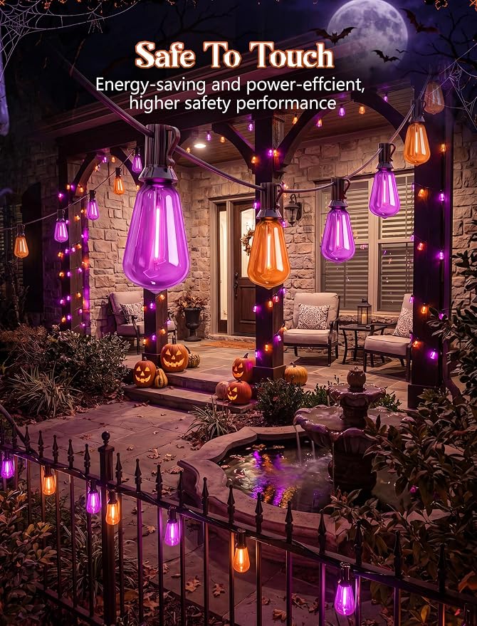 25ft Halloween String Lights Outdoor, ST38 Orange Purple LED Shatterproof Light Bulbs, Waterproof Dimmable Hanging Lights for Yard Patio Decor