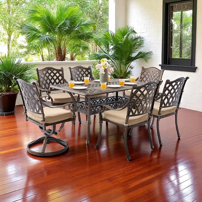 7 Piece Cast Aluminum Outdoor Dining Set, Retro Patio Dining Furniture Set for 6 Includes 59” Table 2 Swivel & 4 Stackable Lattice Chairs with Cushions and 2“ Umbrella Hole for Porch Poolside Garden