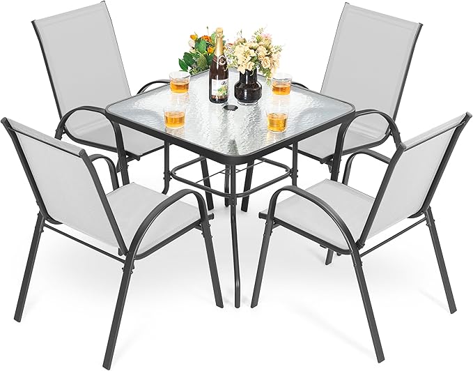 NUU GARDEN 5 Piece Patio Dining Set, 31.5 Inch Square Metal Table with Umbrella Hole and 4 Stackable Chairs, Outdoor Dining Furniture for Lawn Balcony Garden, Gray and Black