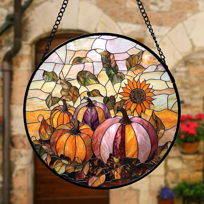 DASTOLL Stained Glass Window Hanging, Pumpkin Sunflower Suncatcher Diamond Glass Panel Sun Catchers Decor for Birthday for Women, Men, Wife, Aunt, and Mom 11.8x11.8 in