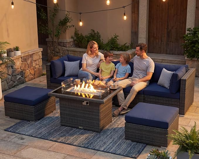 NICESOUL 7 Piece Outdoor Sectional Sofa Set with Firepit Natural Gas & Propane Convertible, Oversized Deep Seating Patio Furniture for Tall Person, 2 Color Cushion Navy & Gray for Easy Maintenance