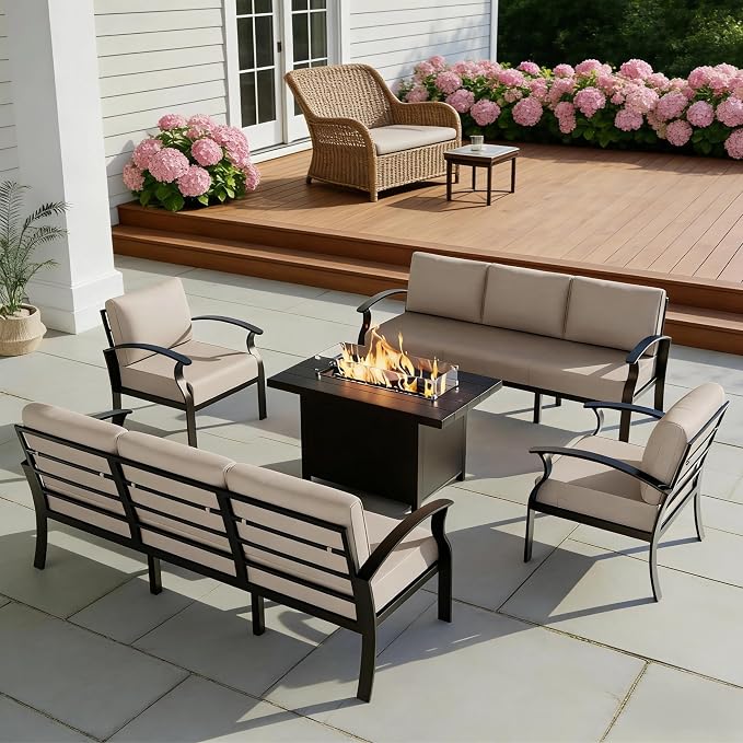 Aluminum Outdoor Patio Furniture Set,5 Pieces 8 Seats Patio Conversation Sets with 45" Propane Fire Pit Table,Metal Patio Sectional Furniture Set w/5.1" Cushions for Porch,Deck,Backyard,Sand
