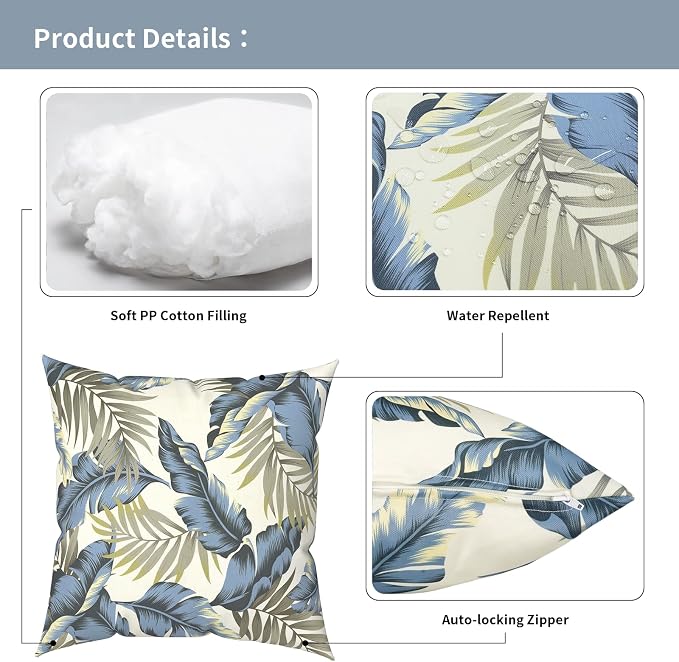 Outdoor Pillows with Insert 20x20 Inch, Waterproof Throw Pillow for Patio Furniture, Decorative Back Cushion for Garden Home Sofa Office Chair, Set of 2, Lush Palm Blue