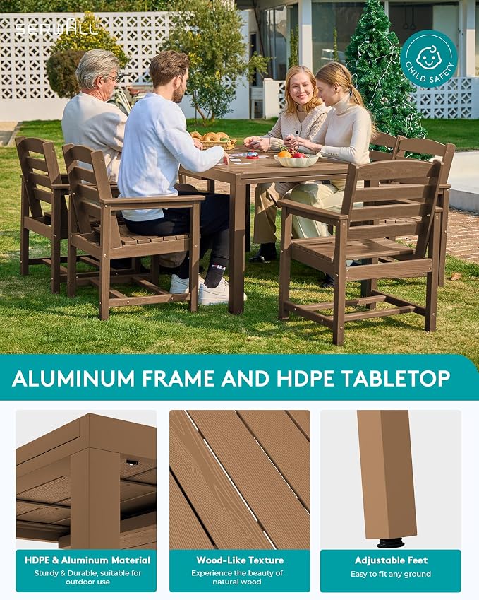 SERWALL HDPE and Aluminum Outdoor Dining Set for 8, Brown | 60" - 83" Expandable Outdoor Dining Table and 8 HDPE Chairs, All Weather Outdoor Furniture Set