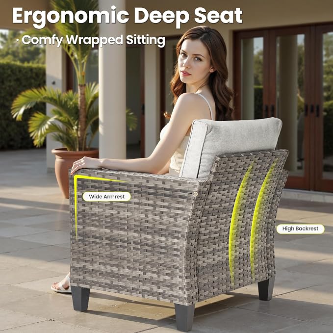 ovios 5 Pieces Patio Furniture Set, Outdoor Wicker Rattan Sofa Couch with Loveseat, Chairs, Glass Coffee Table, Conversation Sets for Yard Porch Garden, Grey