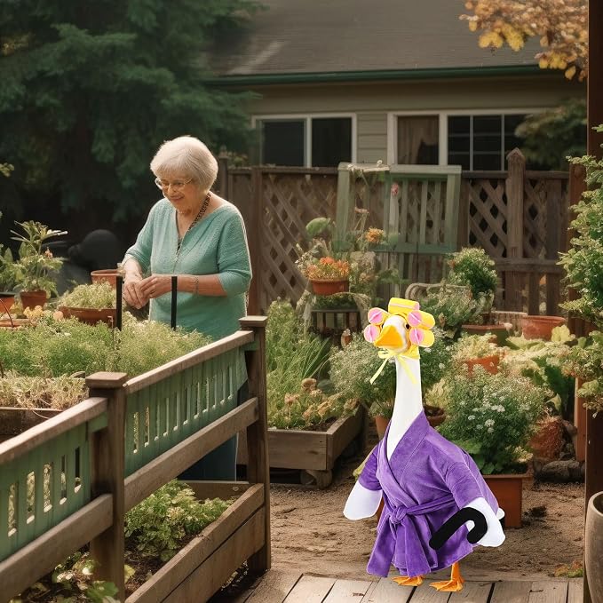 Shyyween Old Lady Porch Goose Outfits Purple Bathrobe Goose Clothes with Curlers Crutch, Cute Geese Costume for 23 Inch Cement Plastic Statue Lawn Yard Decor
