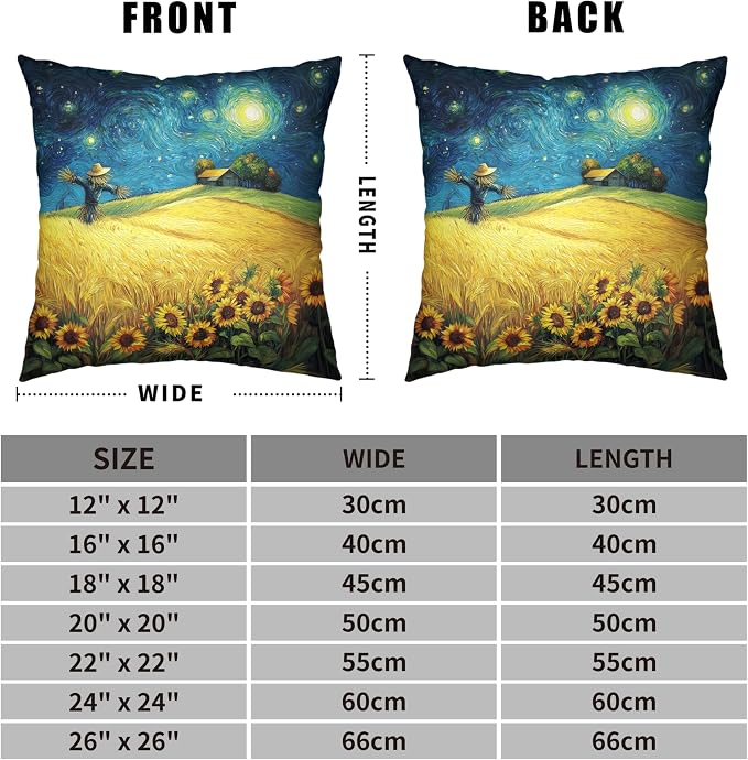 Fall Throw Pillow Covers 24x24 Set of 2 Autumn Sunflower Wheat Field Harvest Pillow Covers Scarecrow Under Van Gogh Starry Night Thanksgiving Pillowcase for Home Decor Couch