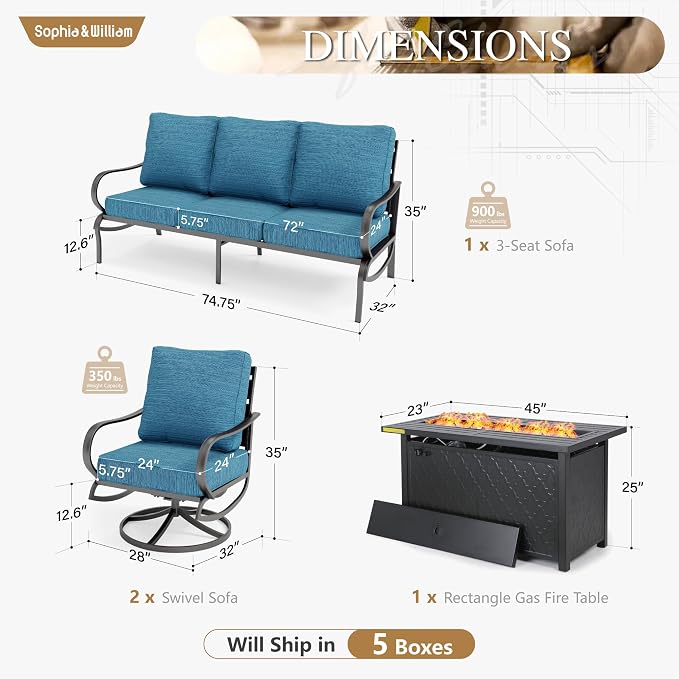 Sophia & William Patio Furniture Sets with 45" Gas Fire Pit Table Outdoor Metal Conversation Sets for 5, 2 x Swivel Cushioned Patio Sofa Chairs, 1 x 3-Seat Sofa 4 Pieces for Lawn Backyard Peacock Blue