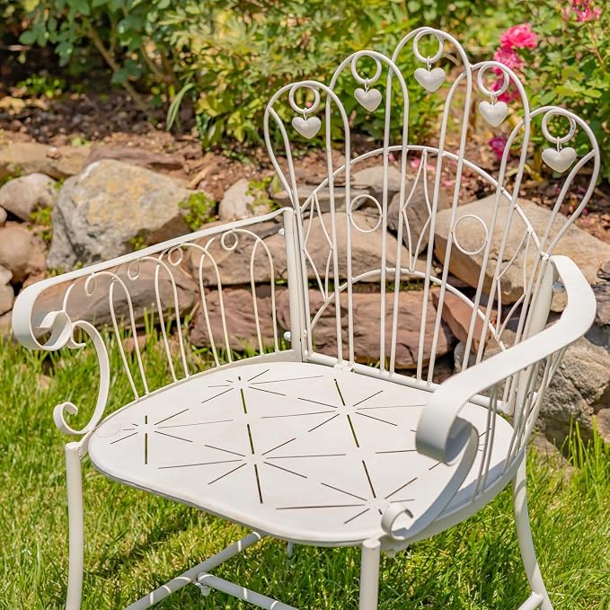 Zaer Ltd. Vintage Style Metal Patio Furniture with Heart Design Accents, Outdoor/Indoor Decor (Distressed White, Arm Chair)