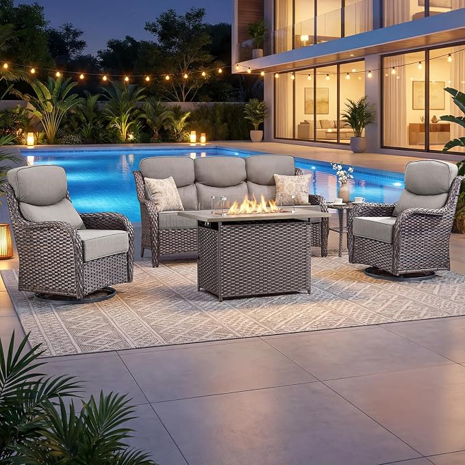 Luxury Patio Furniture Set with 6-inch Thick Cushion, Outdoor Furniture with Fire Pit Table, Swivel Chairs, Side Table, Sofa, 5pcs Wicker Conversation Set for Deck Yard (Brown Wicker/Grey Cushion)