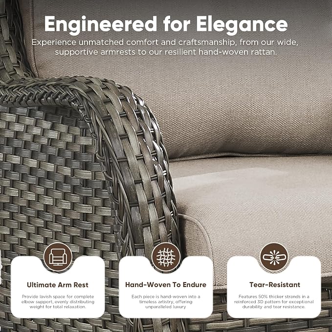 Belord Patio Furniture Set with Fire Pit Table,8 Piece Wicker Outdoor Furniture Set, Swivel Rocker Chairs with Ottomans and Sectional Couch, All Weather Patio Conversation Set, Gray Wicker/Beige