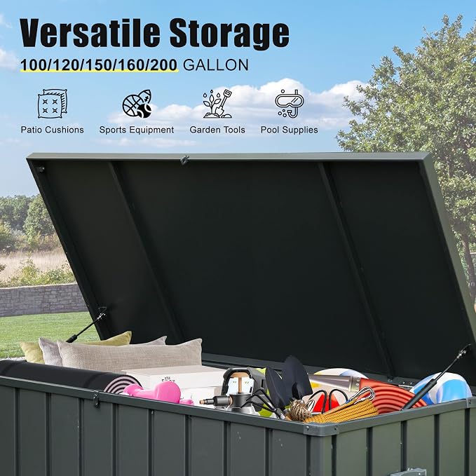 Domi Deck Box 150 Gallon Outdoor Storage Box, Large Metal Storage Cabinet Waterproof Lockable Container for Patio Furniture Cushions Garden Tools Pool-Supplies, Dark Grey