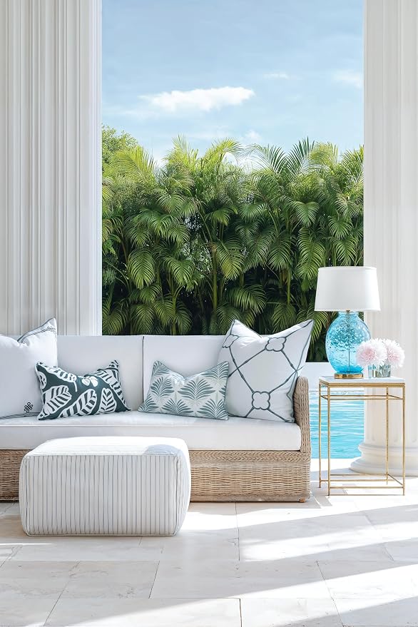 Hofdeco Premium Coastal Hampton Patio Indoor Outdoor Lumbar Pillow Cover Only, 12"x20" Water Repellent for Backyard, Couch, Poolside, Forest Green Print Palm Leaves and Hisbucs Flowers