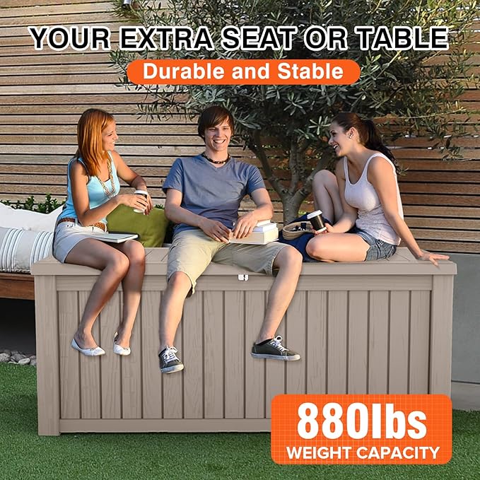 200 Gallon Outdoor Deck Box, Lockable Waterproof Outdoor Storage Boxes For Garden Tools,Indoor Cushions,Accessories Outside Storage Resin Weatherproof Container, Gray