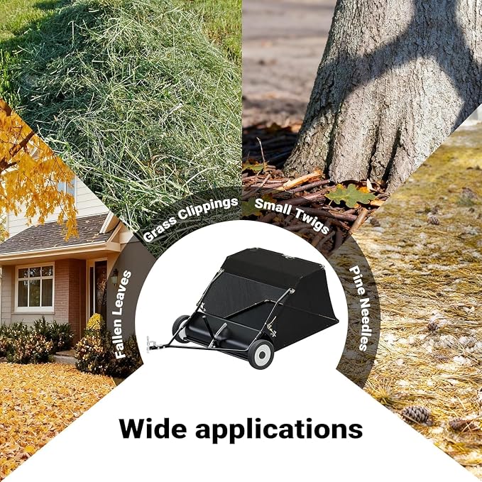 Tow Behind Lawn Sweeper, 42/50/52-Inch Pull Behind Leaf & Grass Collector, 12/26 cu. ft. Large Capacity Yard Sweeper with Adjustable Sweeping Height and Universal Hitch for Lawn Tractor (50"/26cuft)