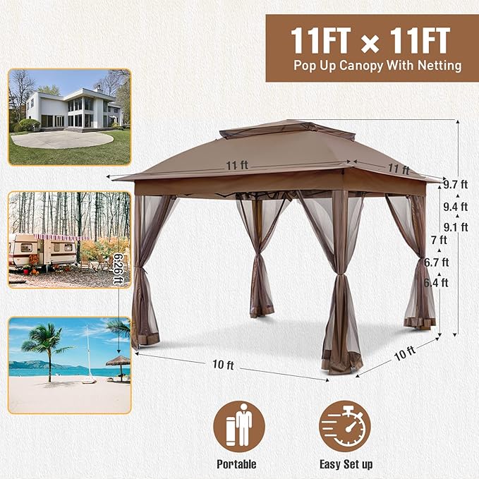 11x11 Pop Up Gazebo Tent with Mesh Netting, Instant Outdoor Canopy with UPF 50+ UV Protection, Water Resistant, Brown