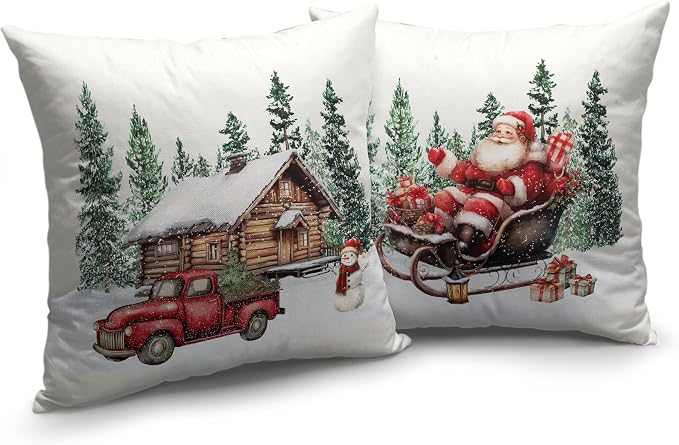 Christmas Santa Pillow Covers Set of 2 Snowy House Red Truck Snowman Throw Pillow Covers Green Xmas Tree Pillowcase 20x20 Cotton Linen Cushion Case for Winter Holiday Home Decor