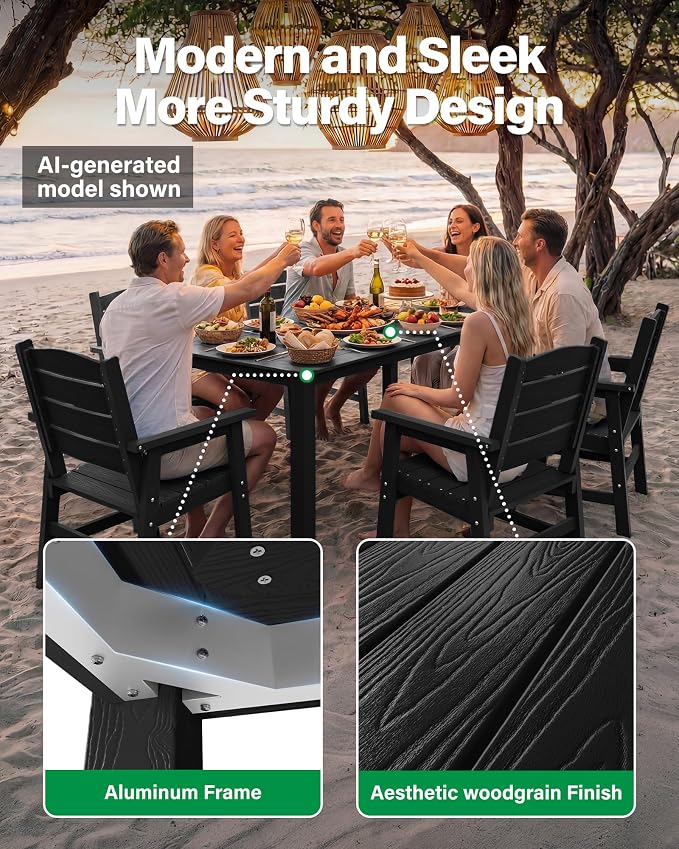 YEFU Patio Dining Sets HIPS: 12-Piece Outdoor Table and Chairs with Umbrella Hole - Modern Outside Furniture Plastic Patio Dining Set for 10 with Metal Aluminum Frame for Family with Deck/Pool Black