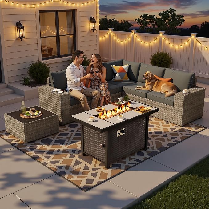 7-Piece Patio Furniture Set, Outdoor Wicker Rattan Patio Furniture Sectional Set with Coffee Table, All Weather Outdoor Fire Pit Conversation Set for Porch Backyard Balcony Garden, Black