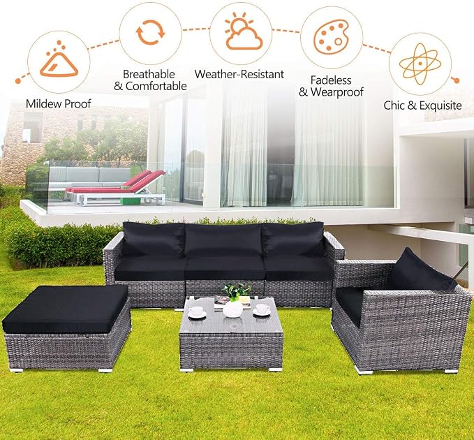 Tangkula 6PC Patio Furniture Set Outdoor Garden Backyard Poolside All Weather PE Rattan Wicker Steel Frame Sectional Cushioned Seat Sofa Conversation Set (Grey)