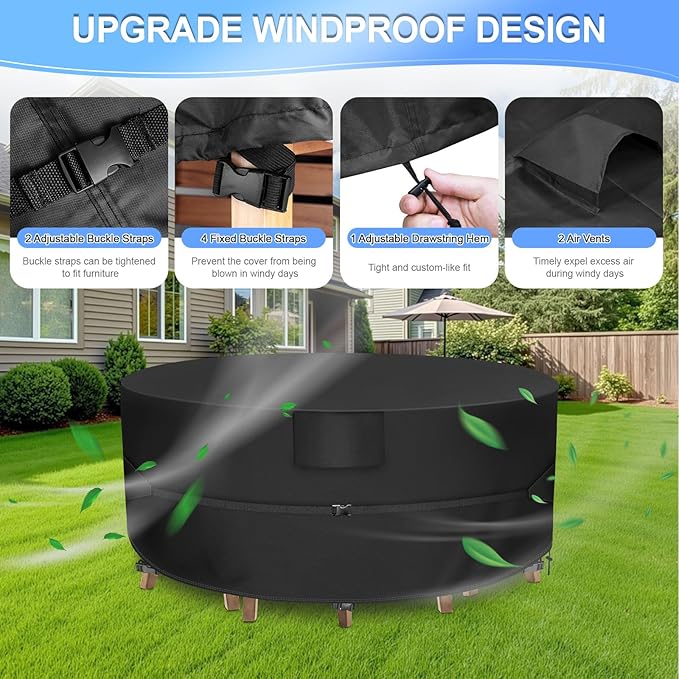 Round Patio Furniture Set Cover, Patio Table Cover Waterproof, Heavy Duty Outdoor Table and Chair Set Cover,Outdoor Furniture Covers for Patio Furniture, 84"Dia x 28"H, Black
