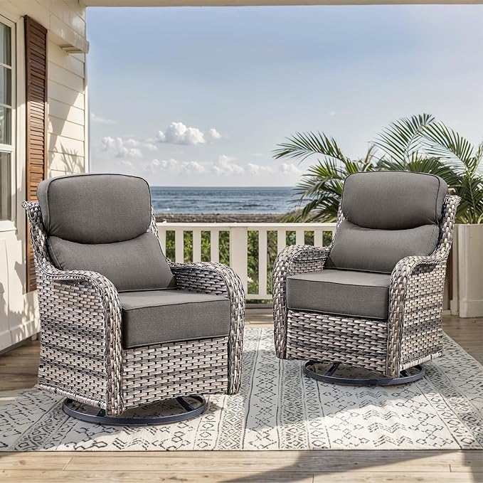 HUMMUH Wicker Patio Furniture Set with Patio Swivel Chairs Set of 4 and 50,000 BTU Fire Pit Table,6 Inch Thick Cushions High Back Outdoor Swivel Rocker Chairs Set for Porch, Balcony, Deck