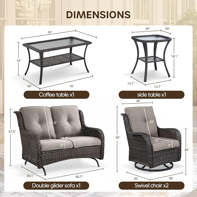 Patio Loveseat Glider Set, Resin Wicker Loveseat Glider with 2 Swivel Patio Chiars Coffee Table and Side Table, 5 Piece Patio Furniture Set Loveseat Set, Brown Wicker|Grey Cushions