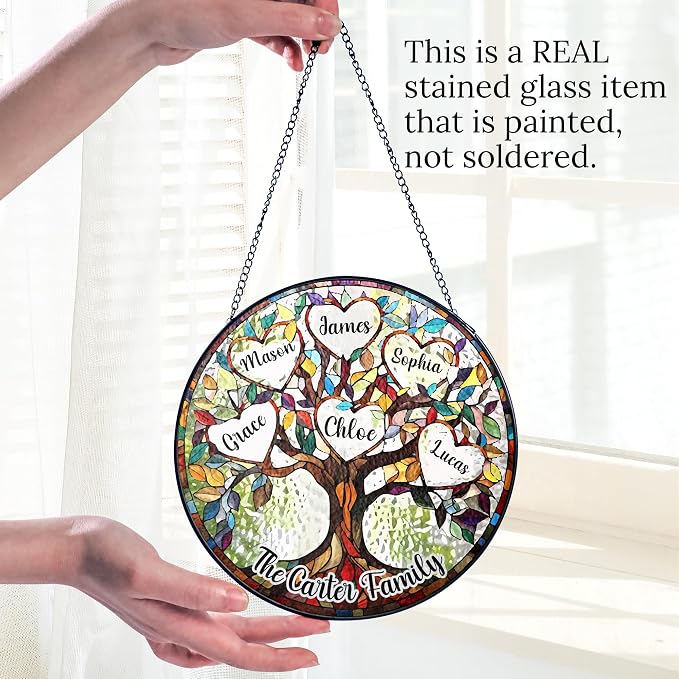 Personalized Family Tree Stained Glass Window Hanging Suncatcher - Warmness Father's Day, Mother's Day, Birthday Gift, Custom Family Name, Kid's Name