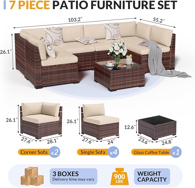 Patio Furniture Set, 7 Pieces Outdoor Modular Conversation Set Wicker Sectional Sofa for All Weather Rattan Patio Couch for Porch Garden Backyard Balcony Poolside (Khaki)
