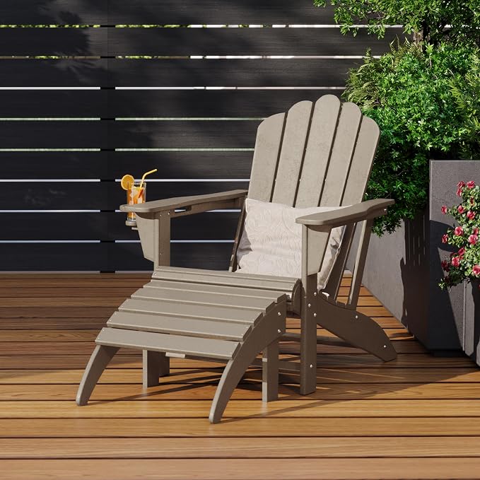 Costaelm Lakeview 2-Piece Outdoor Patio HDPE Adirondack Chair with Ottoman and Cup Holder Set, Weathered Wood