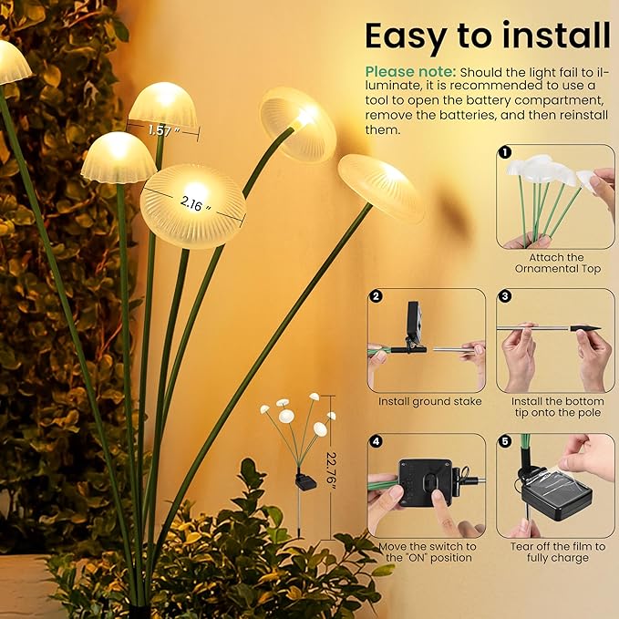 Solar Garden Lights, 2pack Solar Fairy Lights for Outside, Swaying Mushroom Lights Outdoor Decorative, Waterproof Light Decor for Yard,Lawn,Patio,Pathway Decoration(Warm White)