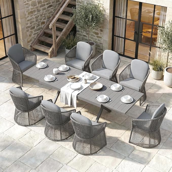 SUNSITT 9 Piece Outdoor Patio Dining Set, 65" - 107" Metal Expandable Outdoor Dining Table with X-Shape Legs, 8 Woven Wicker Outdoor Patio Chairs w/Curved Armrest for Garden, Dark Grey