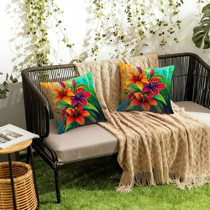 20x20 Inch Outdoor Pillow Covers Set of 2 Waterproof Throw Pillow Covers Decorative Couch Cushion Covers Neon Orange Green Flowers Square Pillowcases Protectors for Patio Garden Sofa