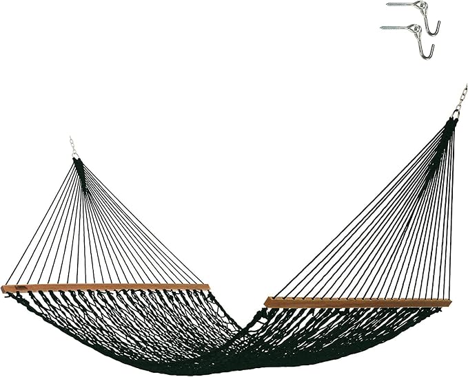 Hatteras Hammocks Executive Green DuraCord Rope Hammock – 13 ft. x 65 in., 2-Person, 450 lb Capacity, Cumaru Spreader Bar, Zinc-Plated Hardware – Handcrafted in The USA