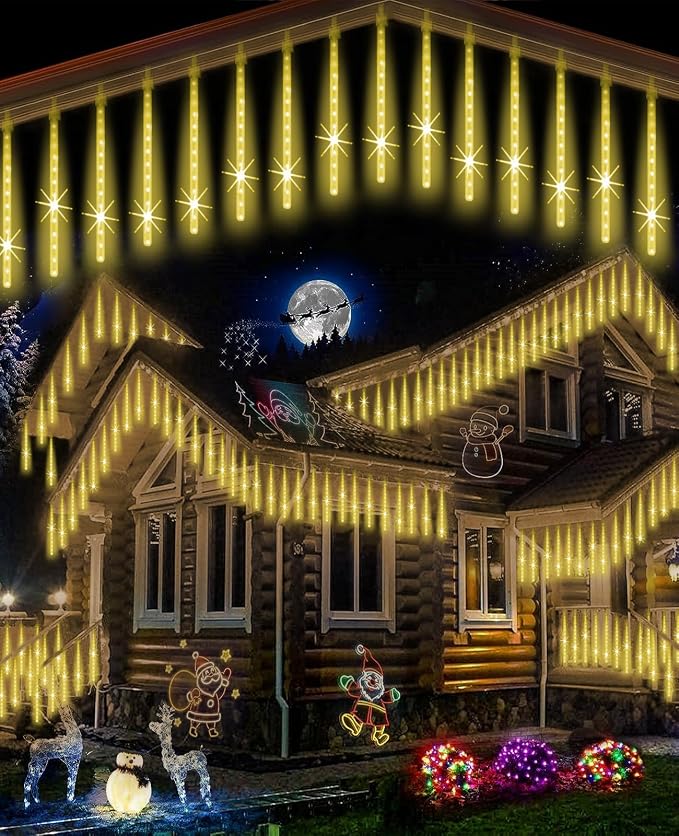 Meteor Shower Lights Outdoor Christmas Lighting Falling Rain Lights 12Inch 10Tubes Rain Drop Light Snowfall Icicle Cascading String Decor for Xmas Holiday Tree Garden Decor,Shine Warm White