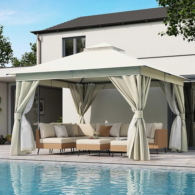 LAUSAINT HOME Patio Gazebo 12'x12', Outdoor Heavy Duty Party Tent Shelter with Double Roofs, Mosquito Nettings and Privacy Screens for Backyard, Garden, Lawn, Cream White