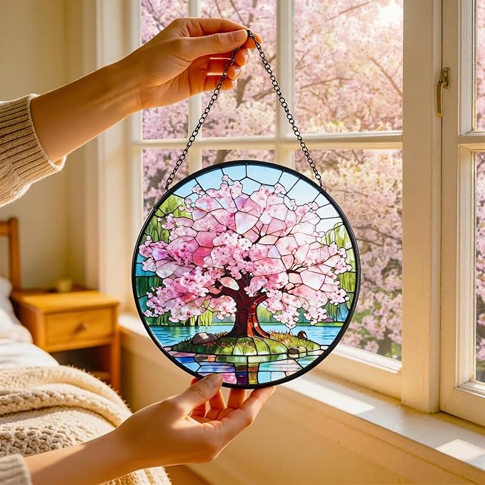 Stained Glass Window Hanging, Pink Cherry Blossom Tree Suncatcher 7.8 in Sun Catcher Boho Wall Art Decor with Chain Diamond Glass Panel Hangings Scenery Sun Catchers Decor for Lover Couple Mom