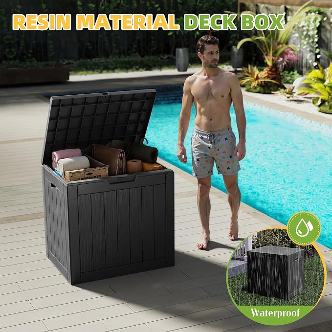 Resin Deck Box Outdoor Storage Box Waterproof for Patio Furniture,Outdoor Cushions,Garden Tools and Pool Supplies (Black, 35 Gallon)